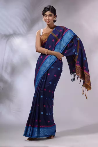 Navy Blue Cotton Handwoven Saree With Texture and paisley Borders