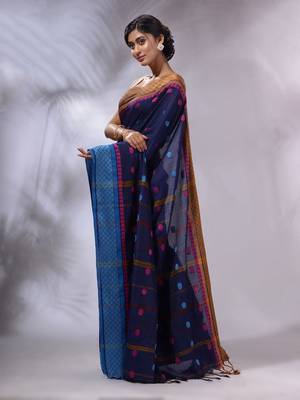Navy Blue Cotton Handwoven Saree With Texture and paisley Borders 3