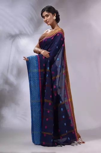 Navy Blue Cotton Handwoven Saree With Texture and paisley Borders