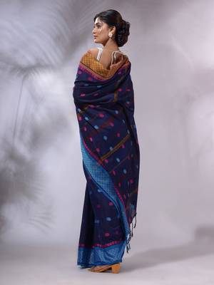 Navy Blue Cotton Handwoven Saree With Texture and paisley Borders 4