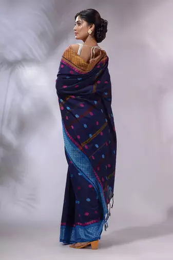 Navy Blue Cotton Handwoven Saree With Texture and paisley Borders