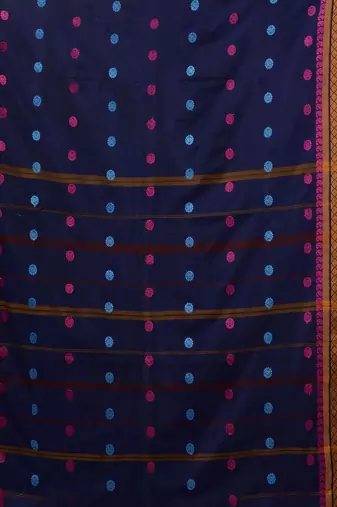 Navy Blue Cotton Handwoven Saree With Texture and paisley Borders