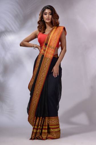 Black Cotton Silk Handwoven Saree With Nakshi Borders And Zari Pallu