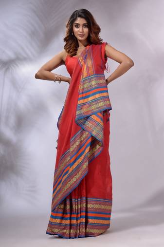 Red Cotton Silk Handwoven Saree With Nakshi Borders And Zari Pallu