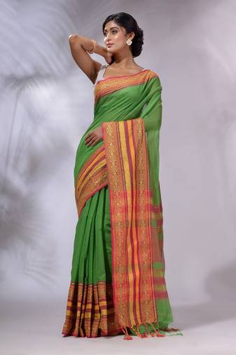 Green Cotton Silk Handwoven Saree With Nakshi Borders And Zari Pallu