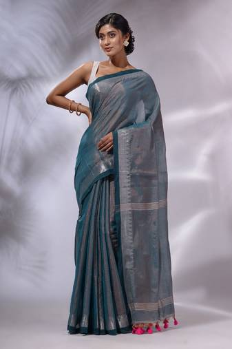Teal Tissue Handwoven Saree With Zari Woven Temple Borders