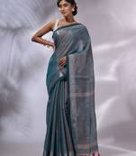 Teal Tissue Handwoven Saree With Zari Woven Temple Borders