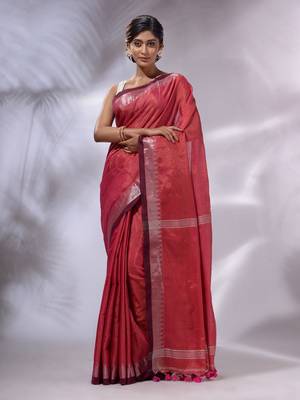 Pink Tissue Handwoven Saree With Zari Woven Temple Borders 1