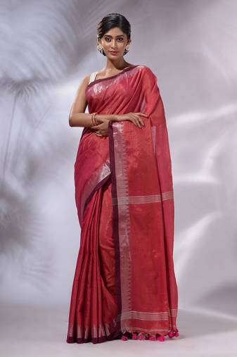 Pink Tissue Handwoven Saree With Zari Woven Temple Borders