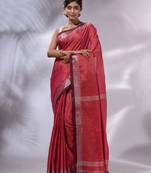 Pink Tissue Handwoven Saree With Zari Woven Temple Borders