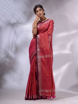Pink Tissue Handwoven Saree With Zari Woven Temple Borders 2
