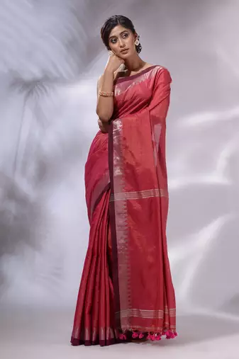 Pink Tissue Handwoven Saree With Zari Woven Temple Borders