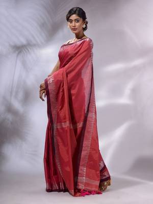 Pink Tissue Handwoven Saree With Zari Woven Temple Borders 3
