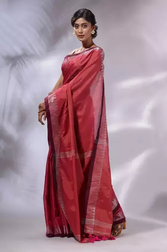Pink Tissue Handwoven Saree With Zari Woven Temple Borders