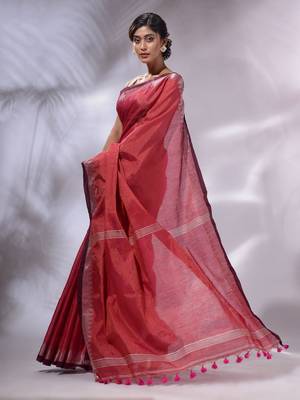 Pink Tissue Handwoven Saree With Zari Woven Temple Borders 4