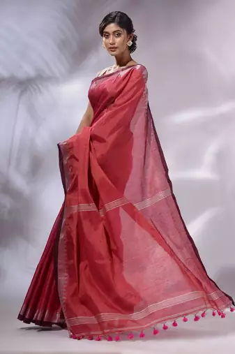 Pink Tissue Handwoven Saree With Zari Woven Temple Borders