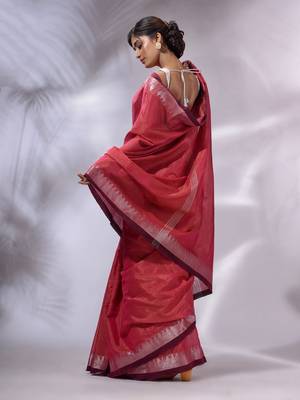 Pink Tissue Handwoven Saree With Zari Woven Temple Borders 5