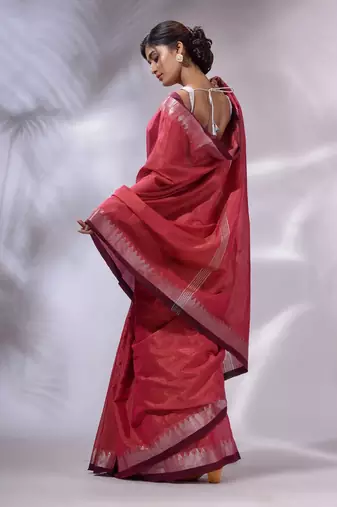 Pink Tissue Handwoven Saree With Zari Woven Temple Borders