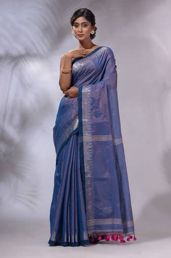 Blue Tissue Handwoven Saree With Zari Woven Temple Borders