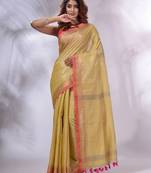 Yellow Tissue Handwoven Saree With Zari Woven Temple Borders