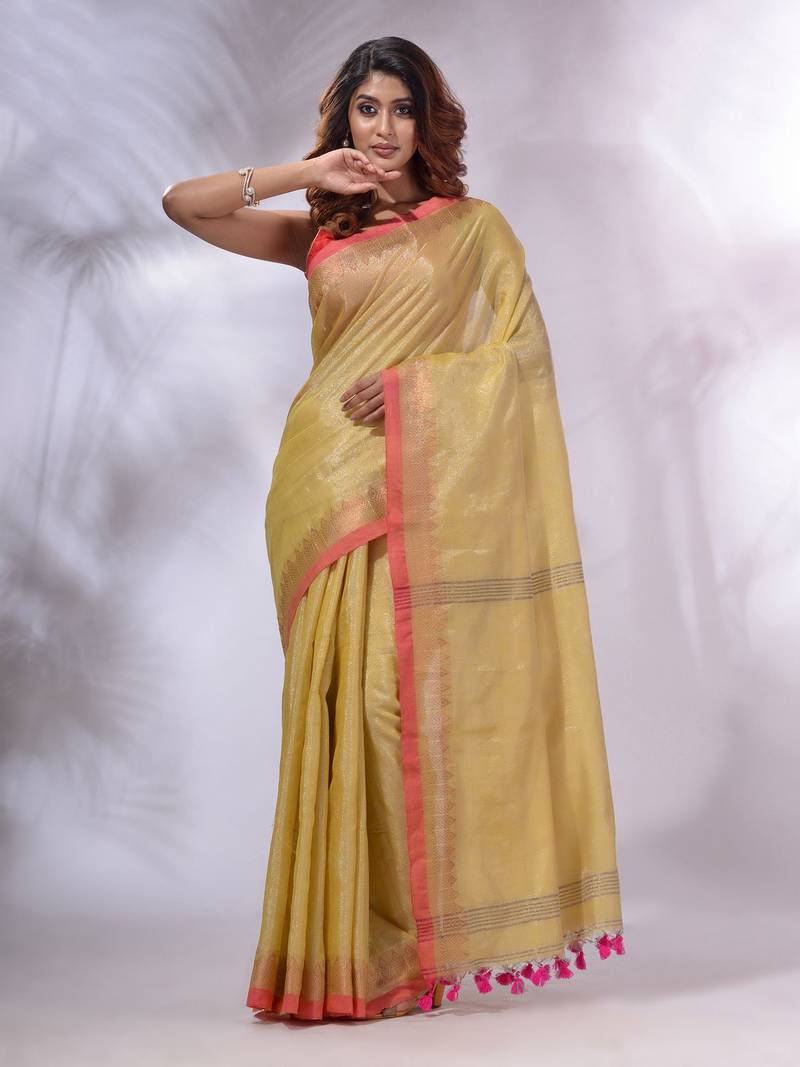Yellow Tissue Handwoven Saree With Zari Woven Temple Borders