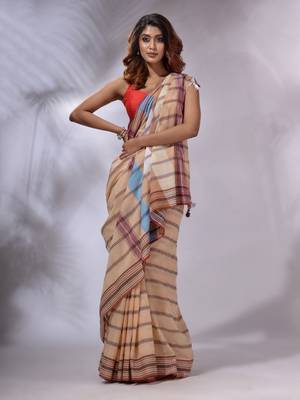 Peach Cotton Handspun Handwoven Saree With Stripes Designs 1