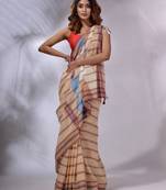 Peach Cotton Handspun Handwoven Saree With Stripes Designs