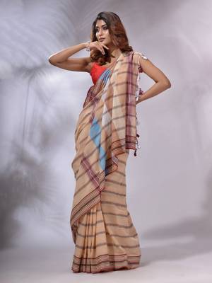 Peach Cotton Handspun Handwoven Saree With Stripes Designs 2