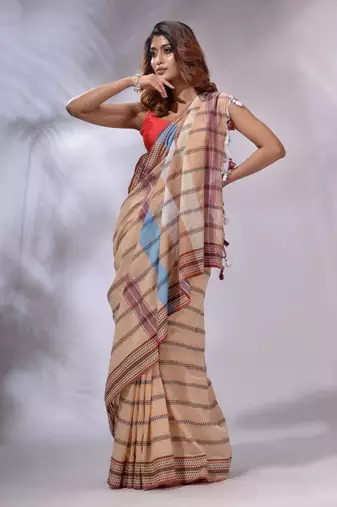 Peach Cotton Handspun Handwoven Saree With Stripes Designs