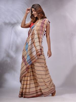 Peach Cotton Handspun Handwoven Saree With Stripes Designs 3