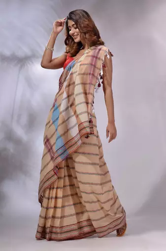 Peach Cotton Handspun Handwoven Saree With Stripes Designs