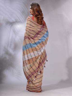 Peach Cotton Handspun Handwoven Saree With Stripes Designs 4