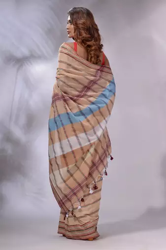 Peach Cotton Handspun Handwoven Saree With Stripes Designs