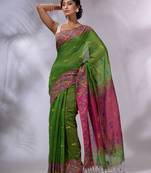 Green Cotton Handspun Handwoven Saree With Nakshi Borders