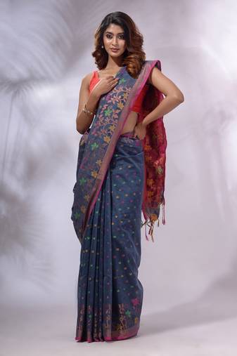 Grey Cotton Silk Handwoven Saree With Woven Ethnic Motifs And Floral Borders