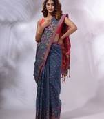 Grey Cotton Silk Handwoven Saree With Woven Ethnic Motifs And Floral Borders