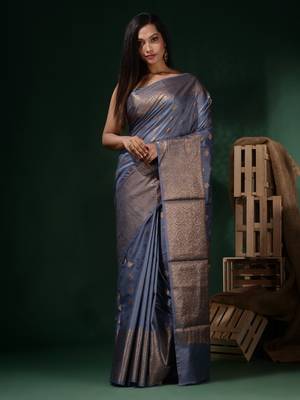 Bluish Grey Silk Blend Handwoven Soft Saree With Ethnic Motifs 1