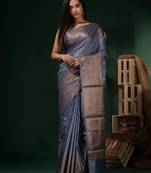 Bluish Grey Silk Blend Handwoven Soft Saree With Ethnic Motifs