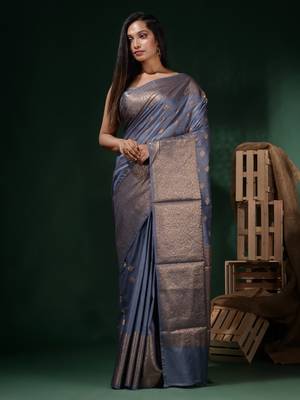 Bluish Grey Silk Blend Handwoven Soft Saree With Ethnic Motifs 2