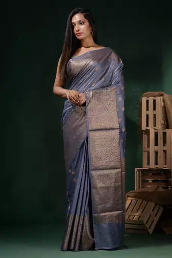 Bluish Grey Silk Blend Handwoven Soft Saree With Ethnic Motifs
