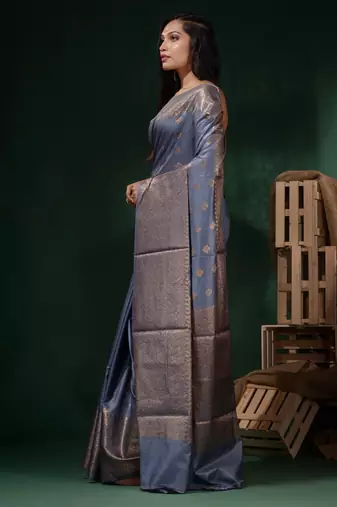 Bluish Grey Silk Blend Handwoven Soft Saree With Ethnic Motifs