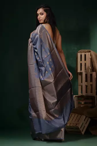 Bluish Grey Silk Blend Handwoven Soft Saree With Ethnic Motifs