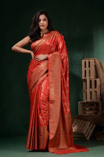 Red Silk Blend Handwoven Soft Saree With Ethnic Motifs