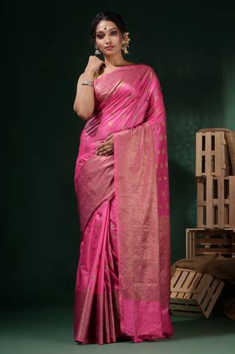 Pink Silk Blend Handwoven Soft Saree With Ethnic Motifs