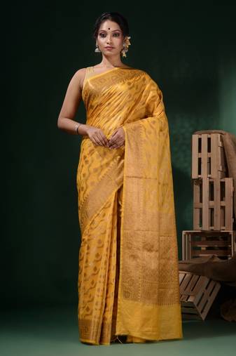 Yellow Silk Blend Handwoven Soft Saree With Nakshi Pattern