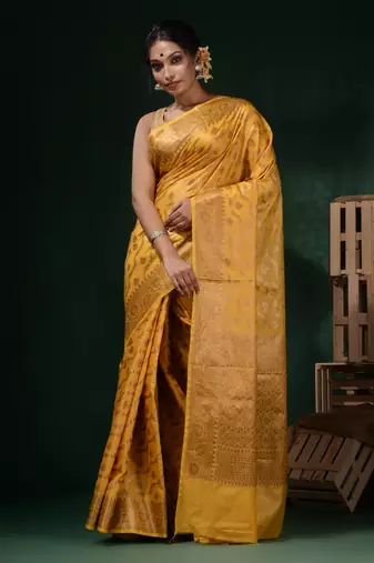 Yellow Silk Blend Handwoven Soft Saree With Nakshi Pattern