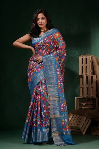 Magenta Silk Blend Handwoven Soft Saree With Floral Print