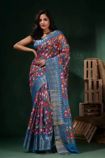 Magenta Silk Blend Handwoven Soft Saree With Floral Print