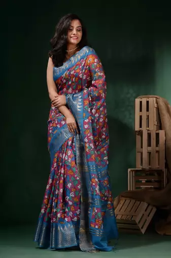 Magenta Silk Blend Handwoven Soft Saree With Floral Print