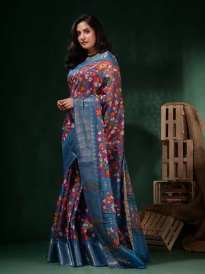 Magenta Silk Blend Handwoven Soft Saree With Floral Print 3